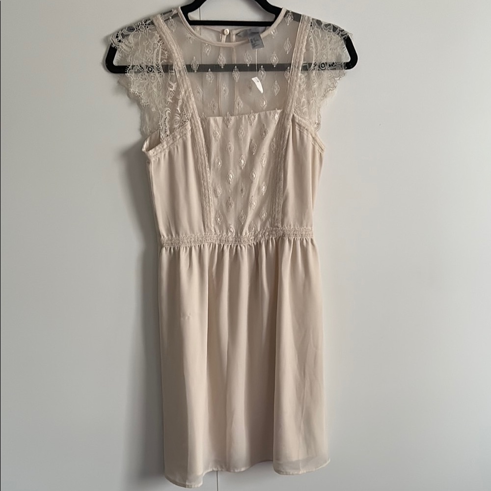 H&M Tan Sheath Dress with Scoop Neck and Flutter Cap Sleeves